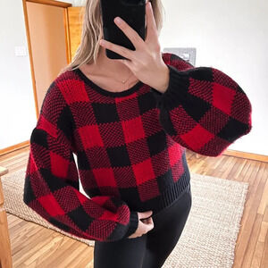 Jen's Pirate Booty Plaid Red Scoop Neck Holiday Balloon Sleeve Bohemian Sweater